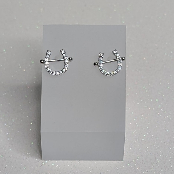 Horseshoe Shaped Silver Rhinestone Stud Earrings - Picture 5 of 6